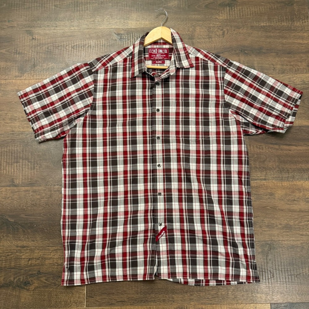Ecko Unltd Mens XL Plaid Button Down Shirt Short Sleeve Red White Brown Cotton